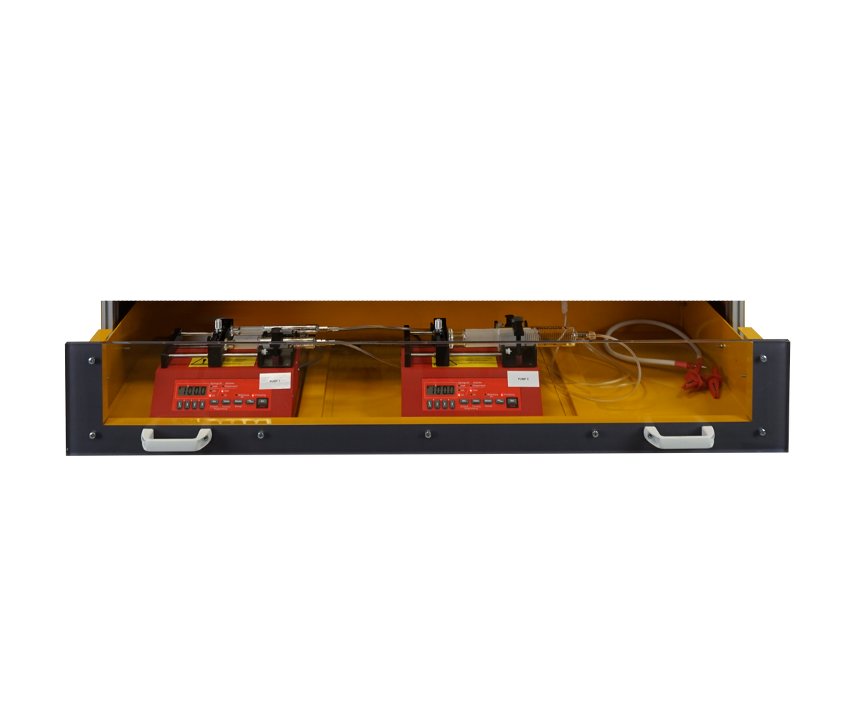 Picture of pumps detail holding in  Compact electrospinning unit by Linari Nanotech. Two syringe pumps with filled glass syringes, pipes and cables