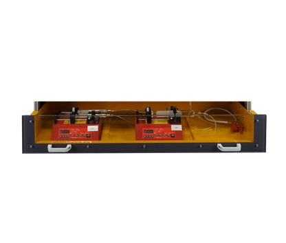 Picture of pumps detail holding in  Compact electrospinning unit by Linari Nanotech. Two syringe pumps with filled glass syringes, pipes and cables