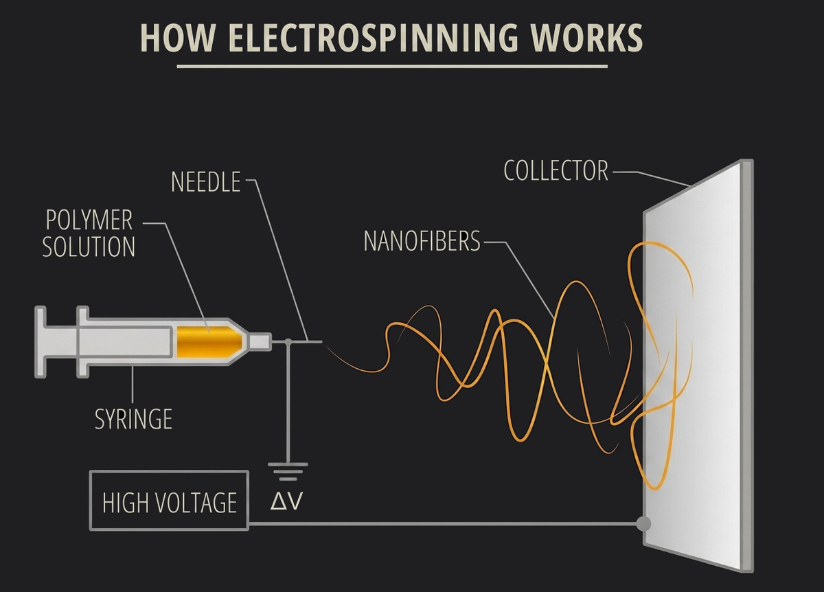 An educational infographic titled 'HOW ELECTROSPINNING WORKS' on a dark background, showing a syringe of polymer solution, a needle under high voltage, and orange nanofibers being deposited toward a collector plate.
