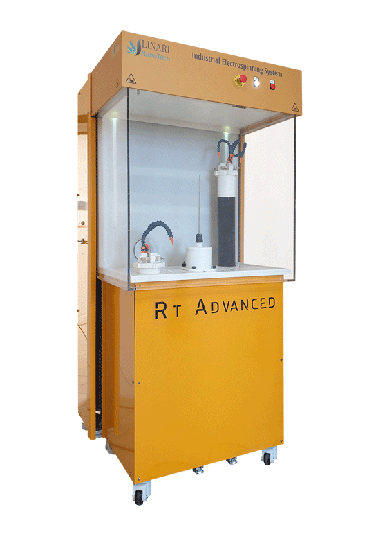 RT Advanced industrial electrospinning system from Linari Nanotech with two high voltage generators and thin drum collector in the center.